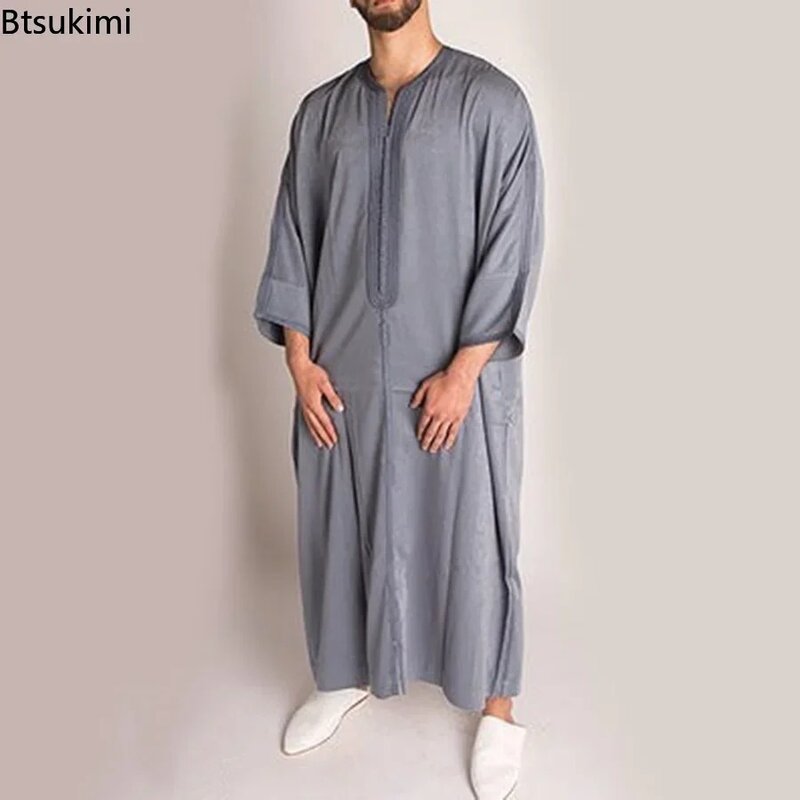 패션 이슬람 남성 Jubba Thobes 아랍어 파키스탄 두바이 Kaftan 아바야 가운 이슬람 의류 사우디 아라비아 블랙 긴 블라우스 드레스