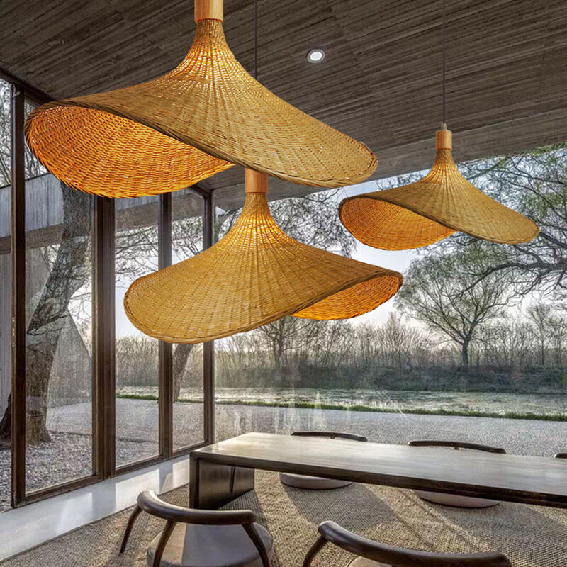 Lámpara de bambú tejida a mano china, moderna, restaurante, hotel, familia, sala de estar, ático, retro, sombrero de paja personalizado, Lámpara decorativa