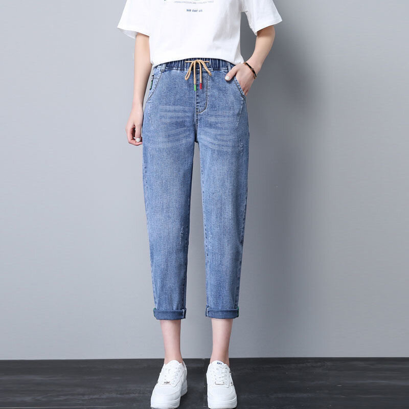 Jeans Capris musim panas wanita, celana Denim longgar Harem renda pinggang tinggi Streetwear kasual Mode Korea 3XL 2023