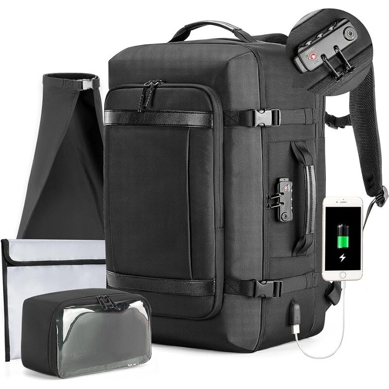 Bolsa de bagagem noturna para laptop, mochila extra grande, cabe até 17,3 "laptop, preto, voo aprovado, 45L expansível com 3 cubos