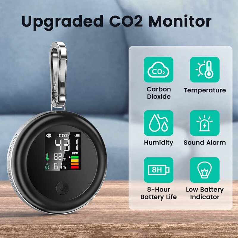 Monitor portátil de CO2, Sensor interior con alarma, calidad del aire, Monitor de dióxido de carbono con temperatura y humedad