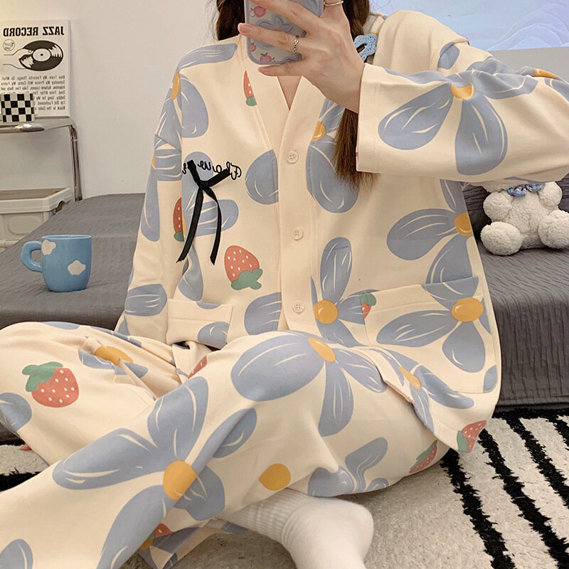Katoenen Pakken Lang Meisje Koreaanse Dames Pyjama Kimono Pyjama Print Pijama V-Hals Lente Nachtkleding Nachtjapon Pjs Loungewear Vrouwen