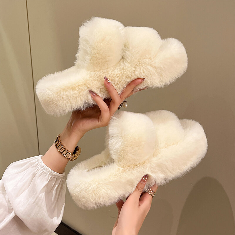 Winter Pluizige Slippers Vrouwen 2024 Nieuw Huis Thuis Bont Slippers Voor Vrouwen Flat Platform Gezellige Fuzzy Indoor Schoenen Koreaanse Glijbanen