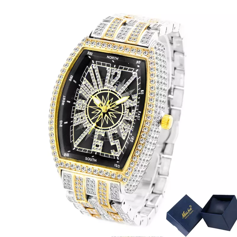 Missfox Franck Arab Quartz Watch for Men Luxury Tonneau Iced Out Bling Diamond Hip Hop Watches Mens AAA Clock Male Wristwatches