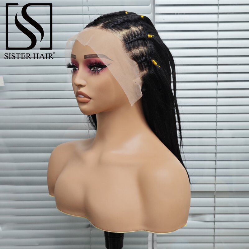 Peruca reta de cabelo humano com tranças, cabelo remy brasileiro, laço frontal transparente, cor natural, 16 polegadas, 180% Densidade