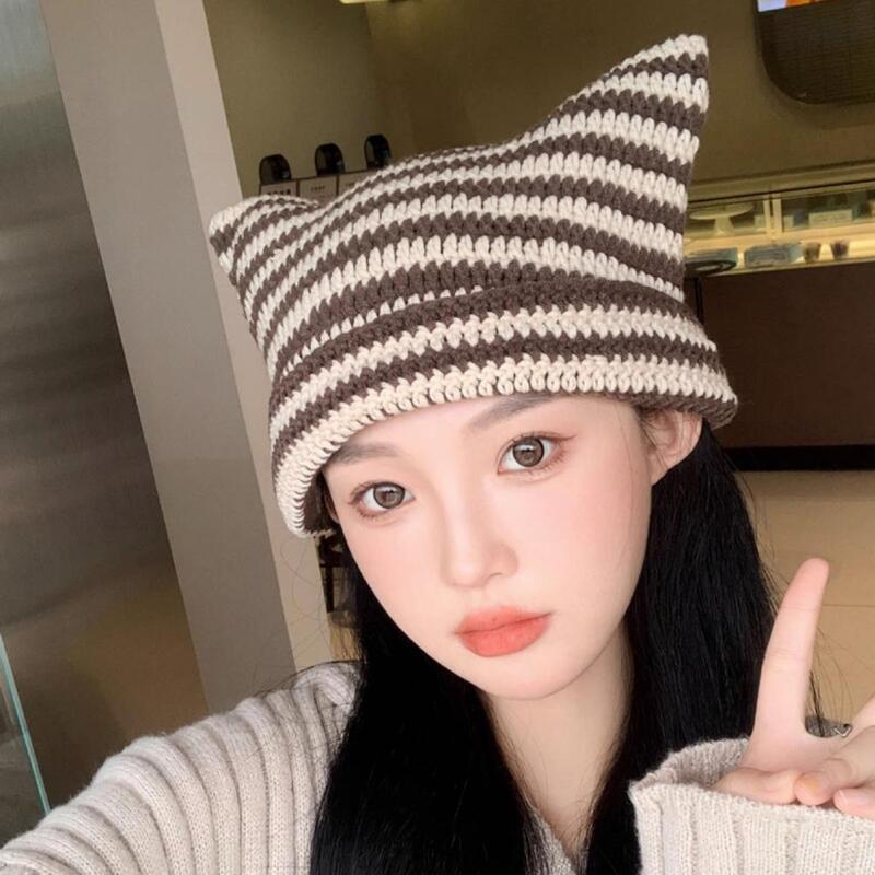 Knitted Hat Japanese Style Little Devil Striped Knitted Cat Ears Beanie Hat for Women Harajuku Streetwear Autumn for Weather