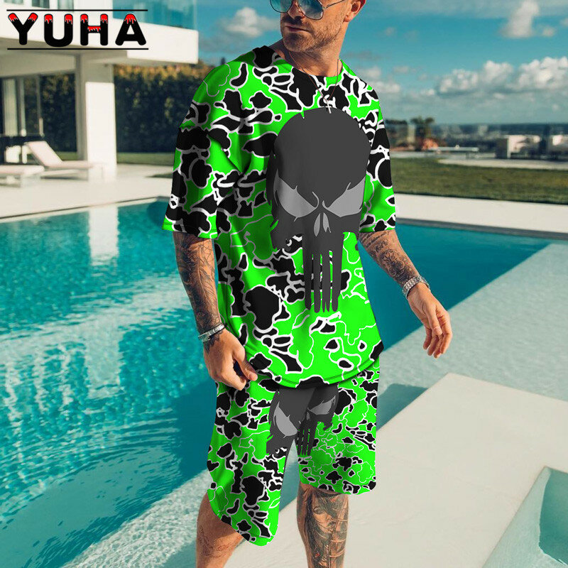 YUHA-Conjunto de camiseta y pantalones cortos para hombre, chándal informal con estampado de esqueleto horrible en 3D, traje de 2 piezas, Verano