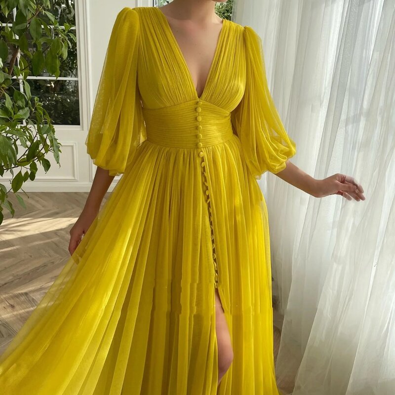 Vestido de bola amarelo linha A feminino, decote em v profundo, meia manga, botão frontal, divisão frontal, vestido de noite formal, 2024
