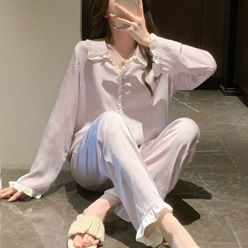 2024 New Solid Color Pajamas Ladies Spring Pyjamas Ice Silk Long Sleeve Nightdress Long Sweet Sleepwear Lace Lapel Home Wear Set