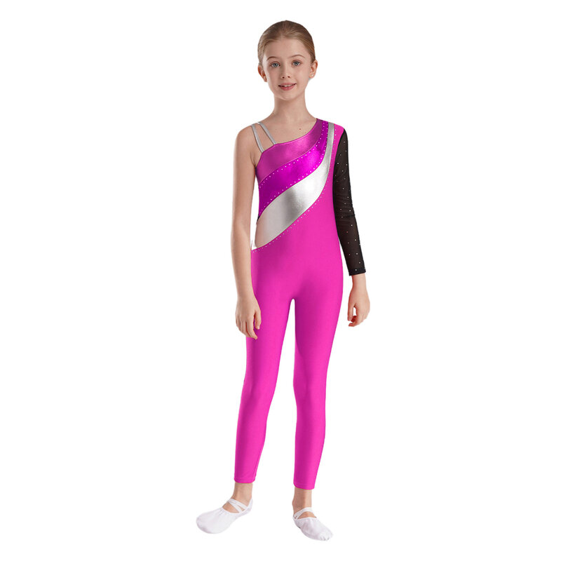 TiaoBug-bodysuit dança menina, macacão de manga comprida, um ombro, contraste de cores, ginástica, performance patinação artística, infantil