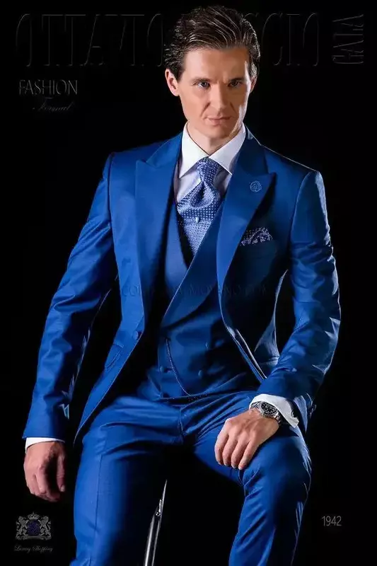 Traje de boda azul real italiano para hombres, chaqueta de doble botonadura, Blazer ajustado, conjuntos de 3 piezas, esmoquin personalizado, graduación, Terno Masculino