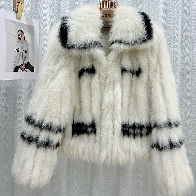 Femminile Chic a righe colore genuino pelliccia di volpe maglieria cappotto donna inverno pelliccia abbigliamento moda grande colletto rovesciato giacca di pelliccia WF02