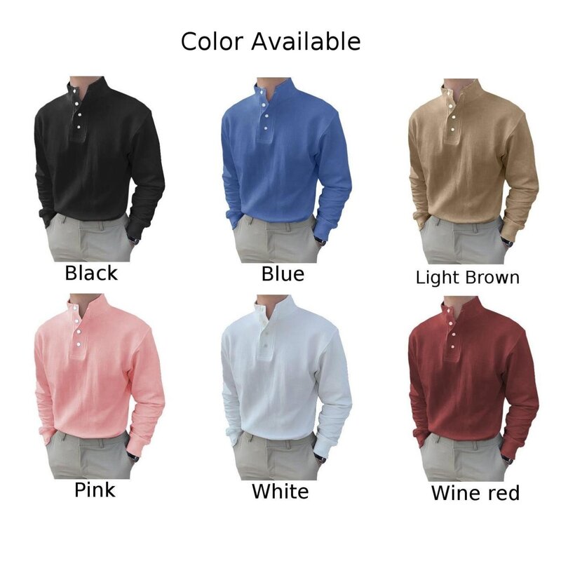 Рубашка мужская с воротником-стойкой, повседневная однотонная блузка на пуговицах, Топ с длинным рукавом, уличная одежда свободного покроя