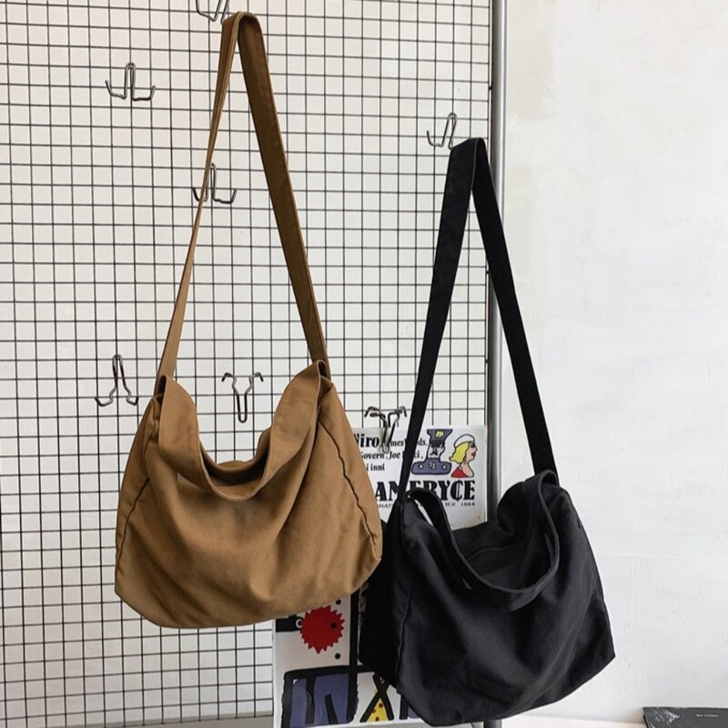 Washed Crossbody Bag Fashionable Solid Color Large Capacity Single Shoulder Bag Canvas Handbag Student