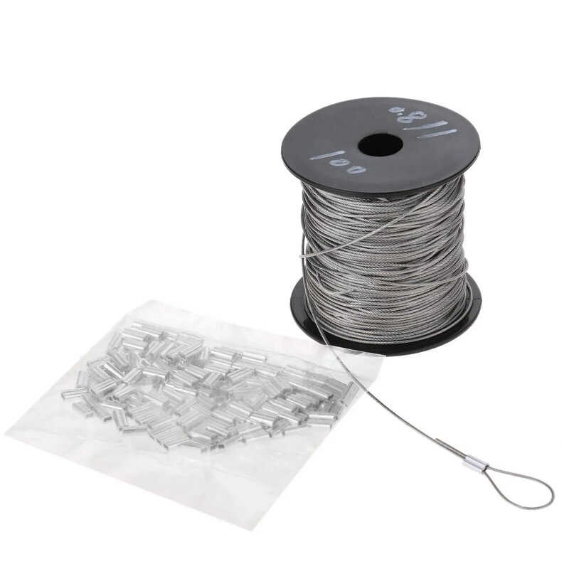 100m Stainless Steel Wire Rope + 150pcs Crimping Loop Sleeve 7x7 1mm Diameter Multifunctional Coated Cable 328 Feet Heavy Duty