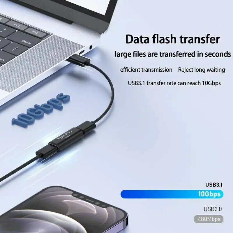 Adaptador USB Portátil Tipo C, Conversor Fêmea para Fêmea, USB C, Carga, Sincronização de Dados, Cabo de Extensão para Telefone, Tablet