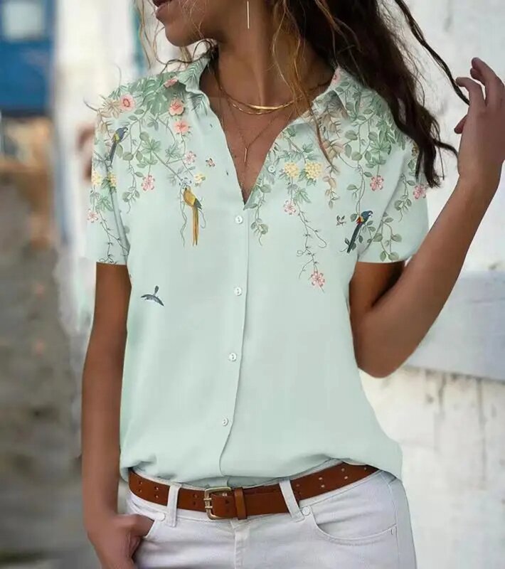 2024 Vrouwen Shirt Bloemenbloem 3d Print Y 2K Streetwear Elegante Korte Mouw Blouse Knoop Tops Office Dame Kraag Shirts