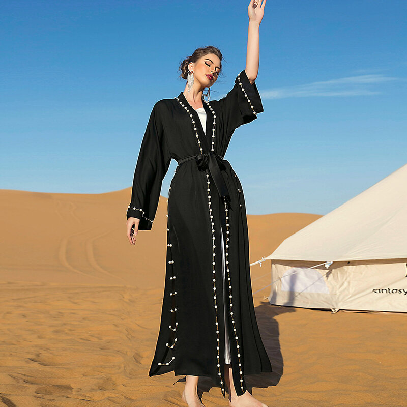 Ozdobiona koralikami Abayas dla kobiet czarna kardigan Kimono Eid Ramadan Jalabiya islamska odzież arabska szata dubajska indyk Kaftan suknia