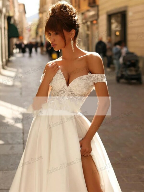 Gaun pernikahan glamor gaun pengantin Satin A-Line jubah bahu terbuka applique renda untuk pesta Formal Vestidos De Novia