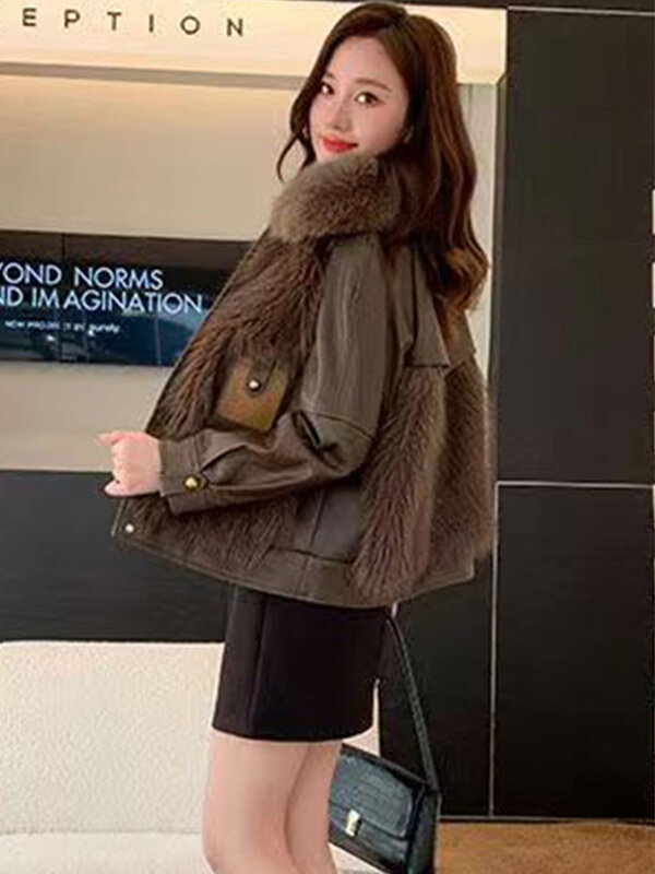 2023 Herfst Winter Faux Bontjas Voor Vrouwen Elegante Mode Koreaanse Mode Faux Leren Jas Dikke Warme Straat Outwear