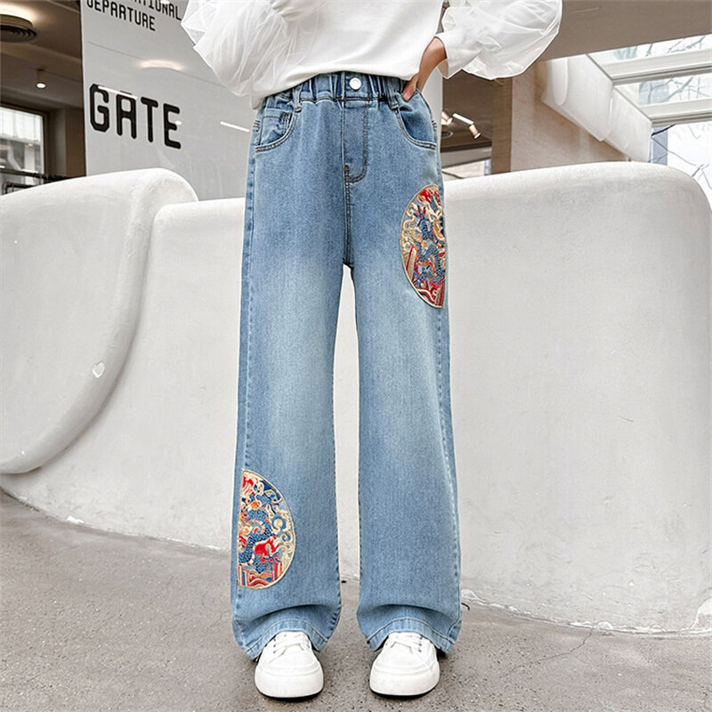 Girls spring and autumn jeans 6-12 years old foreign style 15 years old children's wear 2024 new Chinese style wide leg pants ti