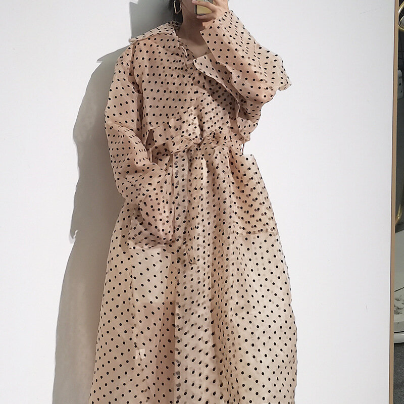 한국 버전 여성 중간 길이 바람막이, 얇고 산뜻한 물방울 무늬 디자인, 타이업 루즈핏 재킷, 2024 용수철 신상