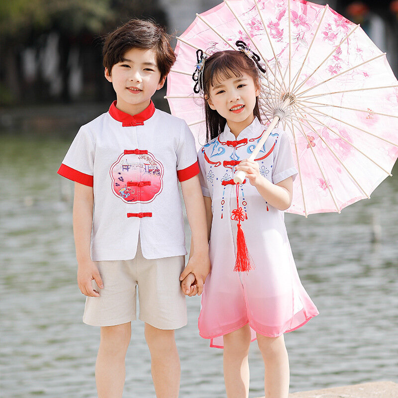 Menino e menina verão estilo chinês retro flor impressão hanfu crianças oriental tradicional terno desempenho role play vestido