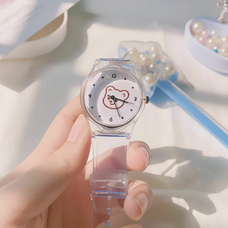 Reloj de cuarzo transparente para niños y estudiantes, bonito reloj con cara sonriente, oso, regalo para niñas