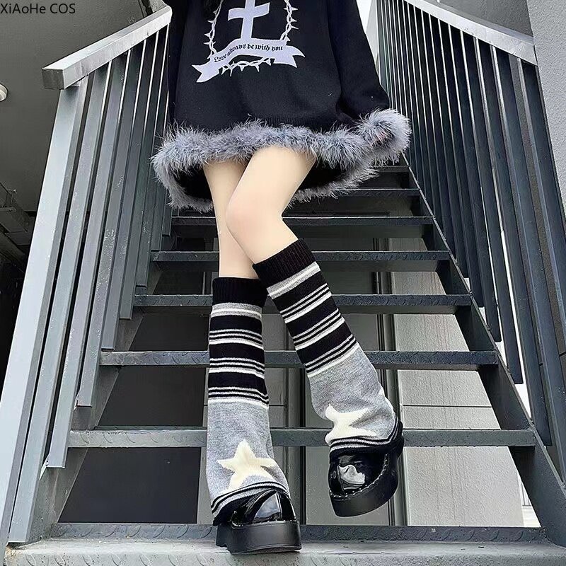 Kaus kaki JK Jepang aksesori perempuan populer Gotik merah muda coklat penghangat kaki bintang rajutan Gothic Y2K stoking penutup stoking