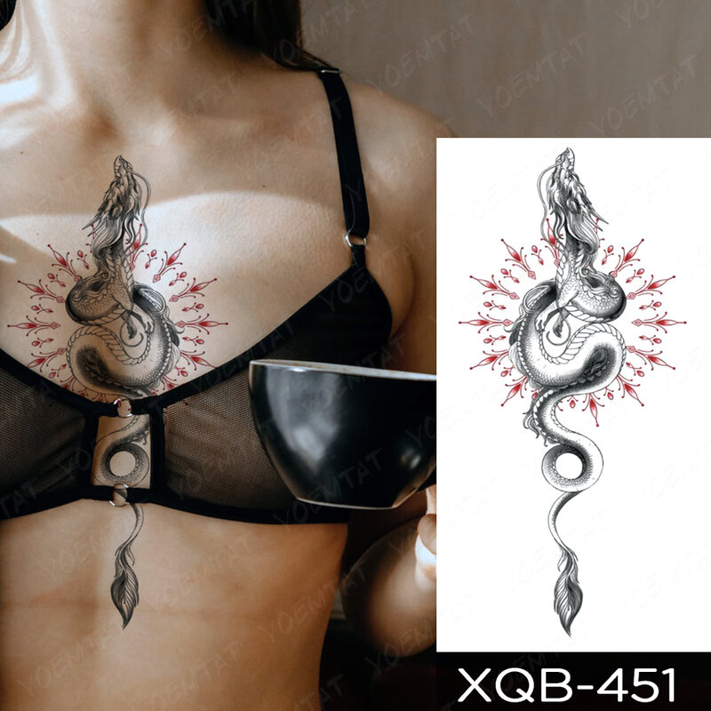 Waterproof Temporary Tattoo Sticker Black Dragon Snake Peony Rose Totem Flash Tatto Women Men Dark Sexy Waist Arm Fake Tattoos