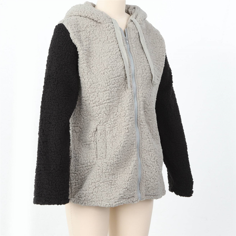 여성용 캐주얼 코트 패션 루즈 컬러 블로킹 모자, 두꺼운 플리스 헤어, 넥라인 포켓 재킷, XL 그레이