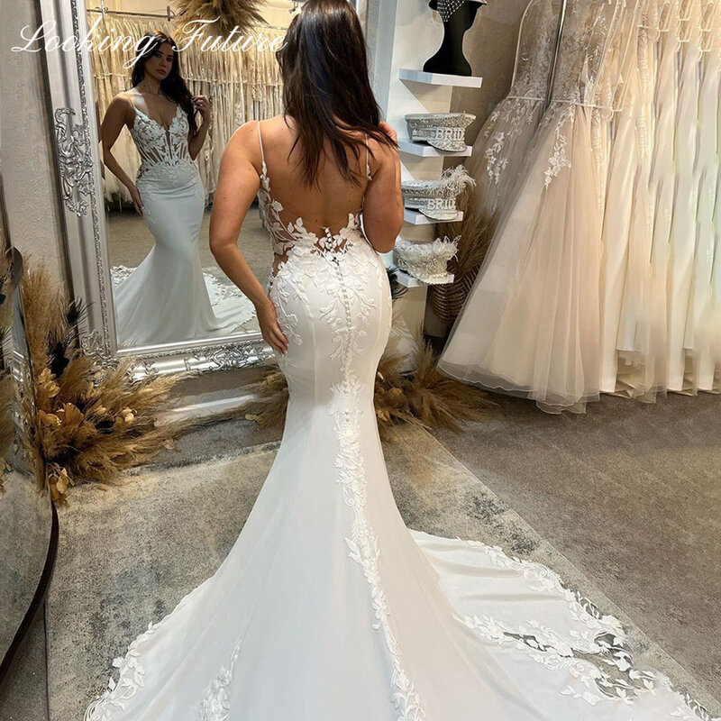 Sexy Ivory Boho Lace V-neck Wedding Dresses Spaghetti Straps Mermaid Bridal Dress Appliqued Lace Backless Wedding Gowns 2024