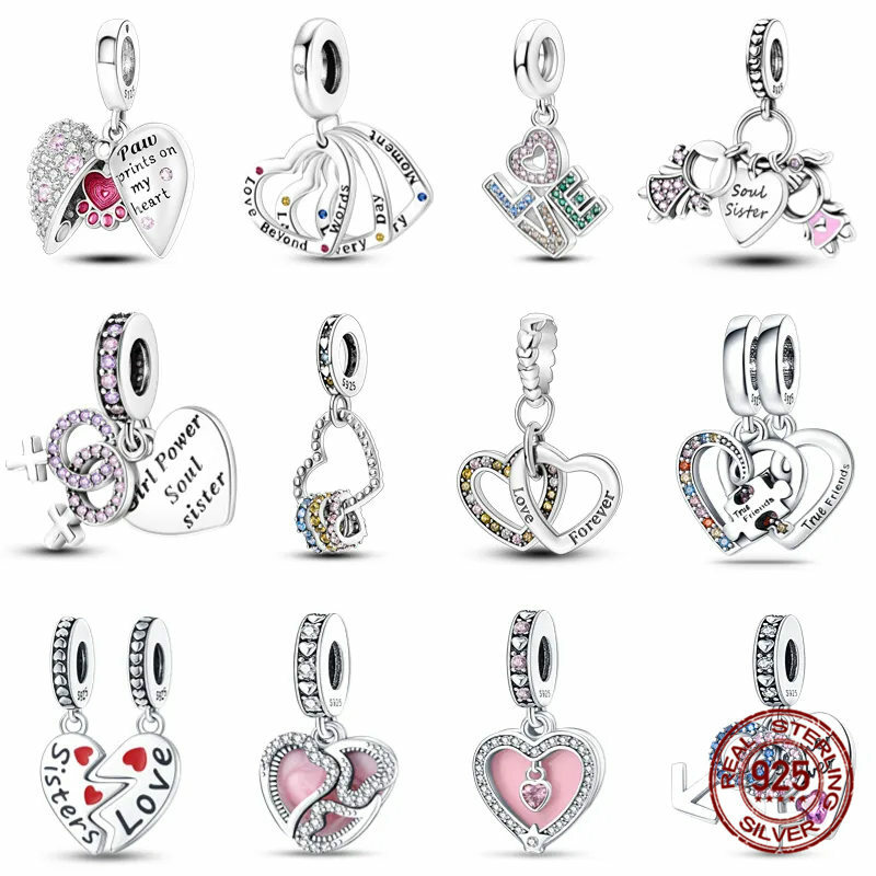925 perak murni bentuk hati jimat manik-manik cocok asli Pandora DIY perhiasan untuk kekasih ibu wanita saudara perempuan hadiah Valentine