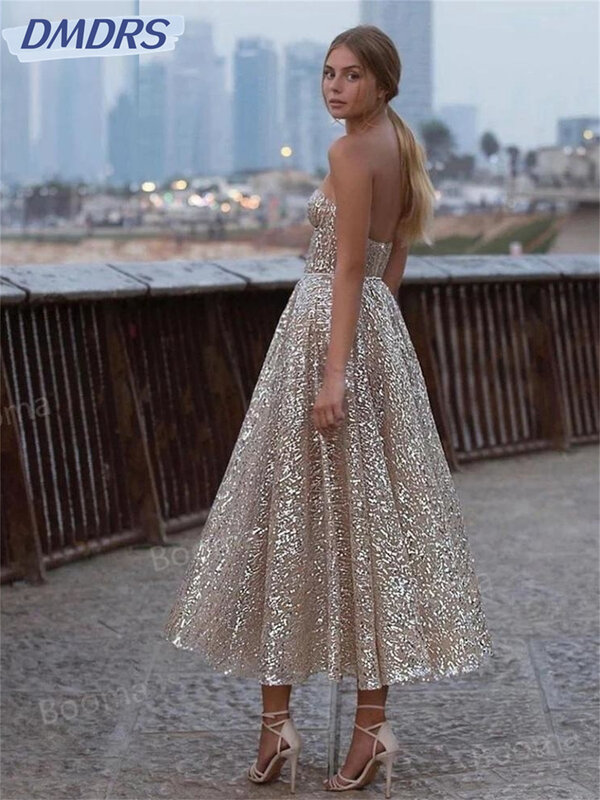 Luxuriöses Pailletten-Spitzen kleid sexy Schatz A-Linie kurze Kleider klassische rücken freie ärmellose Abendkleid vestidos de novia