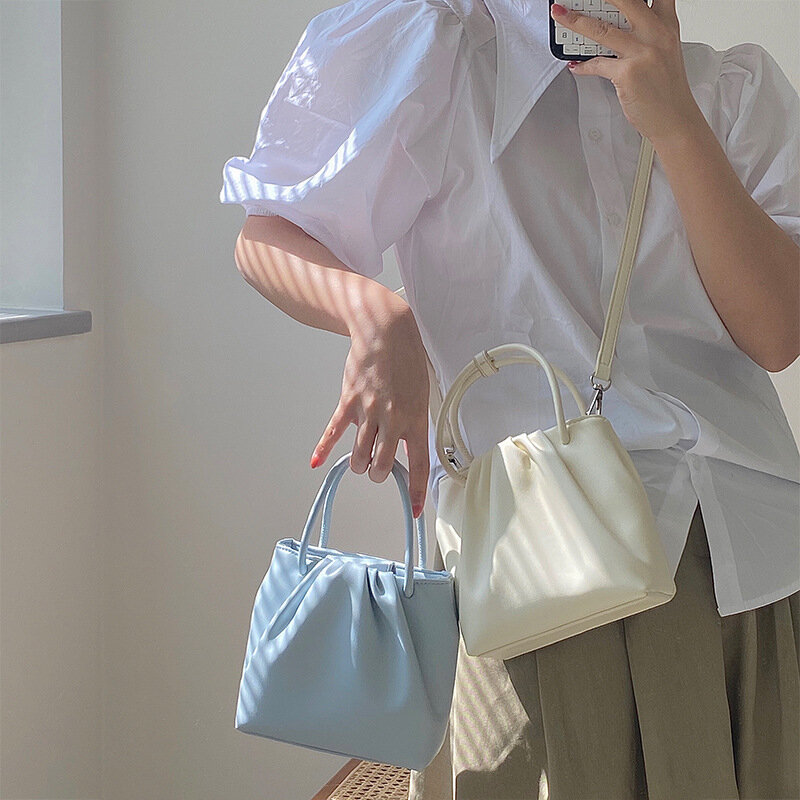 PU Bucket Bag 2023 New Summer Solid Color Pleated Versatile Soft Handheld Casual Korean Single Shoulder Crossbody Bag
