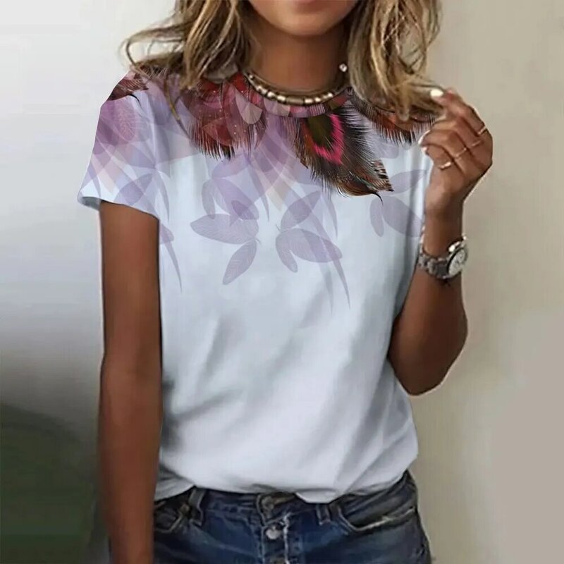T-shirt de manga curta para mulheres, gola redonda, 3d impresso, penas de pavão, casual, moda, roupas de rua, verão