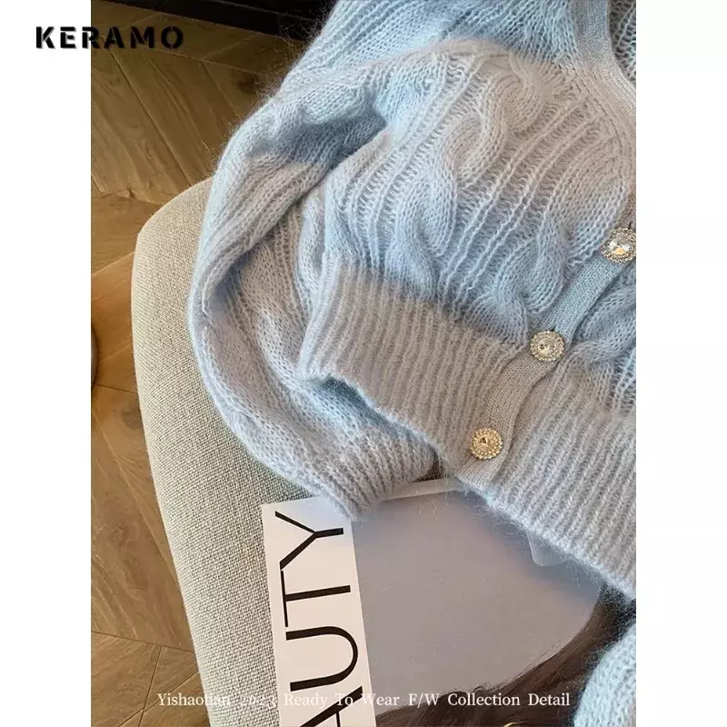 Women Luxury Solid Color Knitting Long Sleeve Round Neck Cardigans 2023 Winter Office Lady Single Breasted Warm Casual Sweater