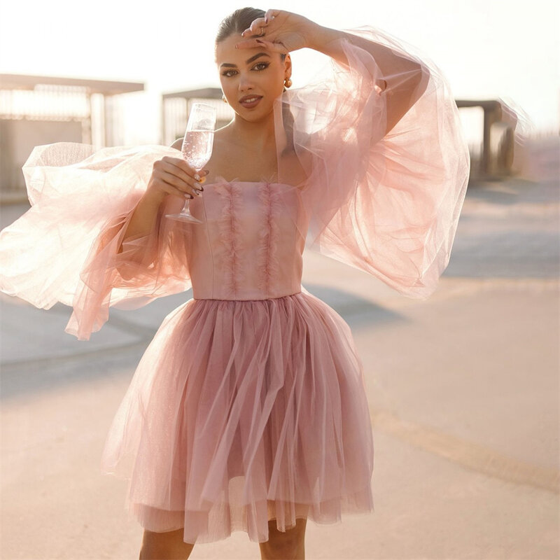 Nersesyan-A-Line Puff Sleeves Blush Pink Formal Prom Dresses, Ruffles Vestidos De Noiva, Backless Mini Vestidos De Festa De Graduação