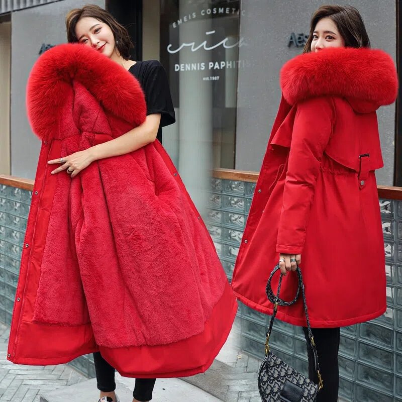 Korean Faux Fur Collar Plush Parkas Women Velvet Liner Hooded Winter Jackets Big Size 6xl Warm Padded Coat Snow Wear Long Casaco