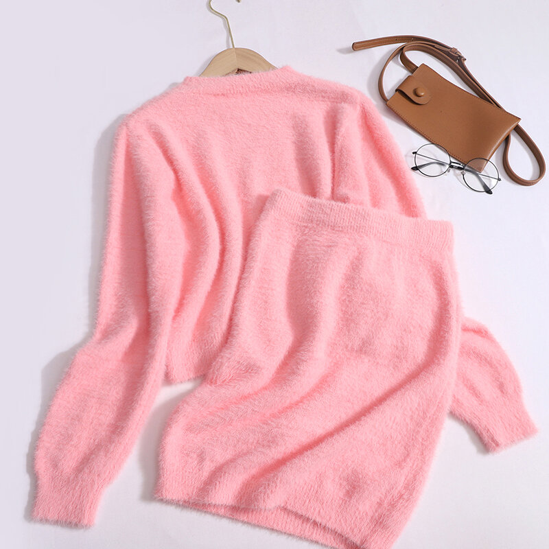 Autumn Knitted Skirts Two-piece Set Women O-neck Long-sleeved Sweater Short Skirt Suit Casual Fashion Slim Soft Pullover Top