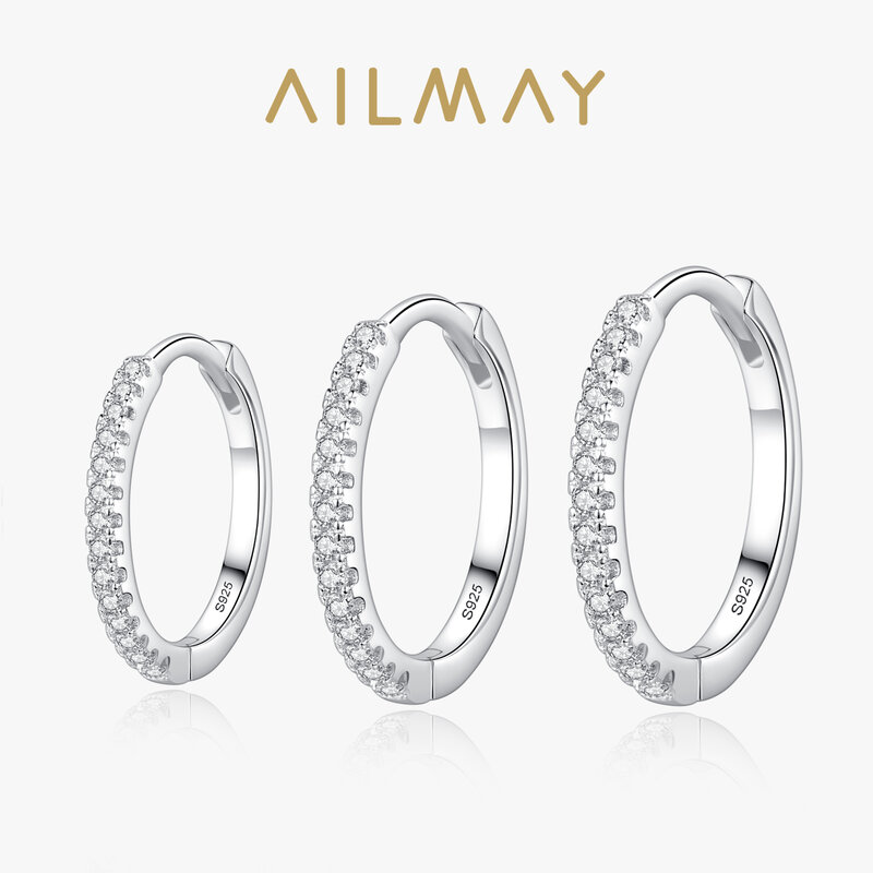 Ailmay 100% 925 prata esterlina zircão claro simples moda brincos de argola para as mulheres meninas anti-alergia jóias finas presentes