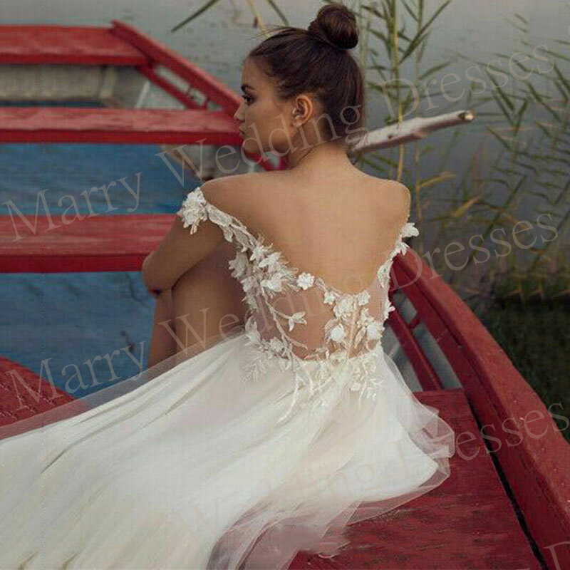 Boho gaun pernikahan A Line indah gaun pengantin applique renda bahu terbuka gaun pengantin tanpa lengan belahan samping gaun pengantin