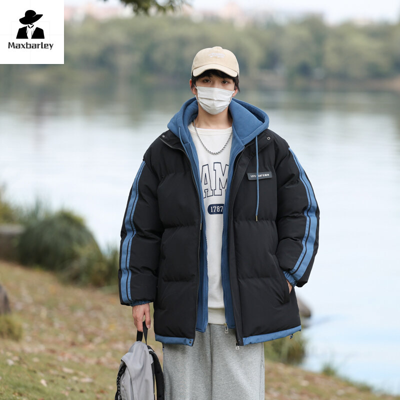 Japanese Style Thickened Jacket Men's 2024 Winter Fake Two-piece Striped Hooded Windproof Unisex Parka Harajuku Warm Down Jacket