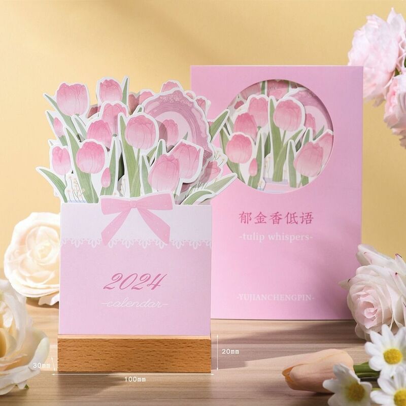 Calendário de madeira com flor e rosa tulipa, ornamento em miniatura, calendário de flores, agenda diária, 2024