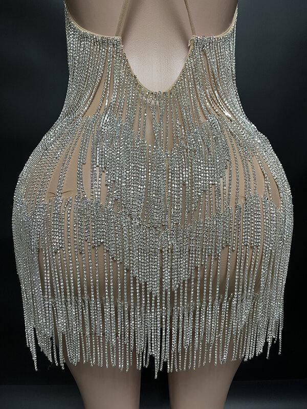 Nowe 2023 przybysze wiosenna odzież damska siatka Mini suknie balowe błyszczące frędzle Neweck Spaghetti sukienka z odkrytymi plecami