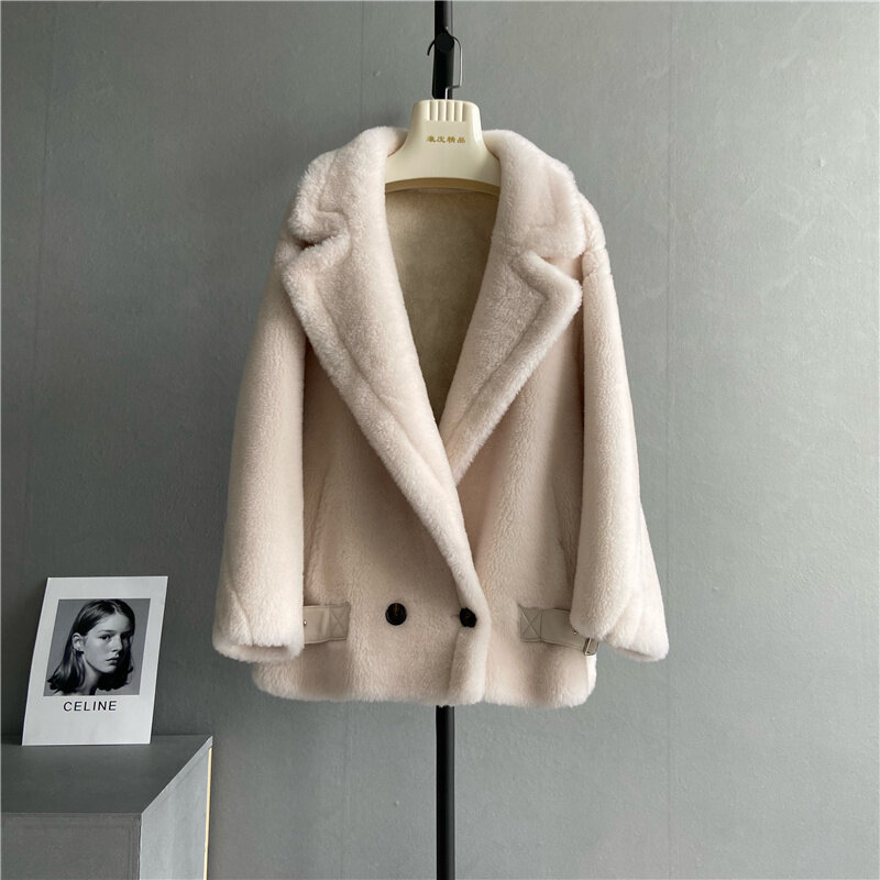 Manteau en fourrure de mouton véritable pour femme, veste chaude, manteau doux, monochrome, mode décontractée, nouveau, hiver, 2023, Y-F35