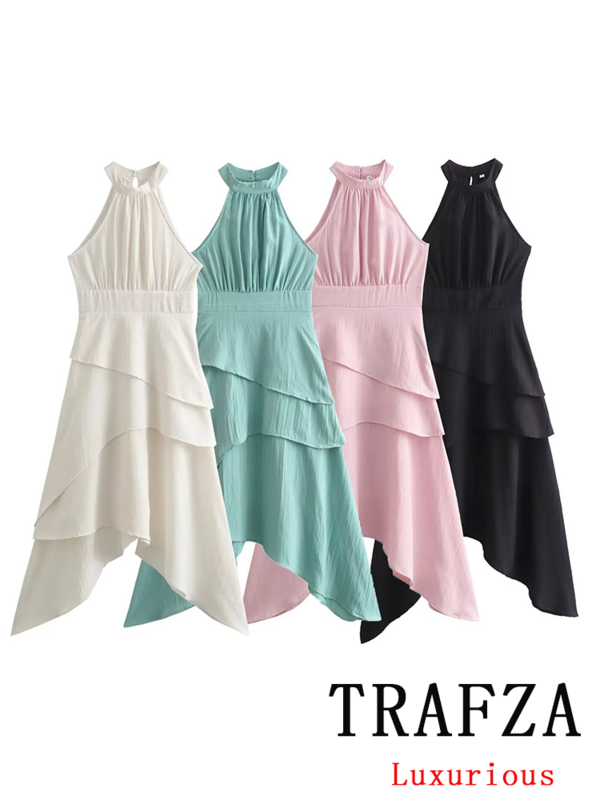 TRAFZA Vintage Chic Casual Women Dress Solid Halter Asymmetric Tierred Vestidos New Fashion 2024 Spring Office Lady Folds Dress