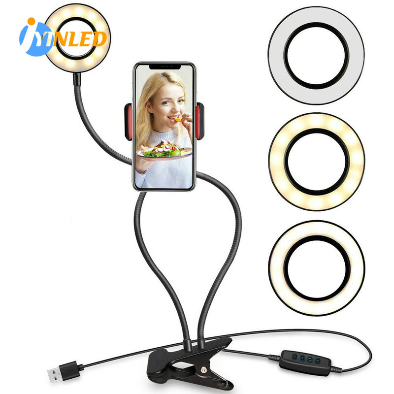 Anneau de selfie LED aste par USB, clip lumineux avec support de téléphone portable, lampe de maquillage flexible à intensité variable, lampe de bureau, lampe de table, studio photo