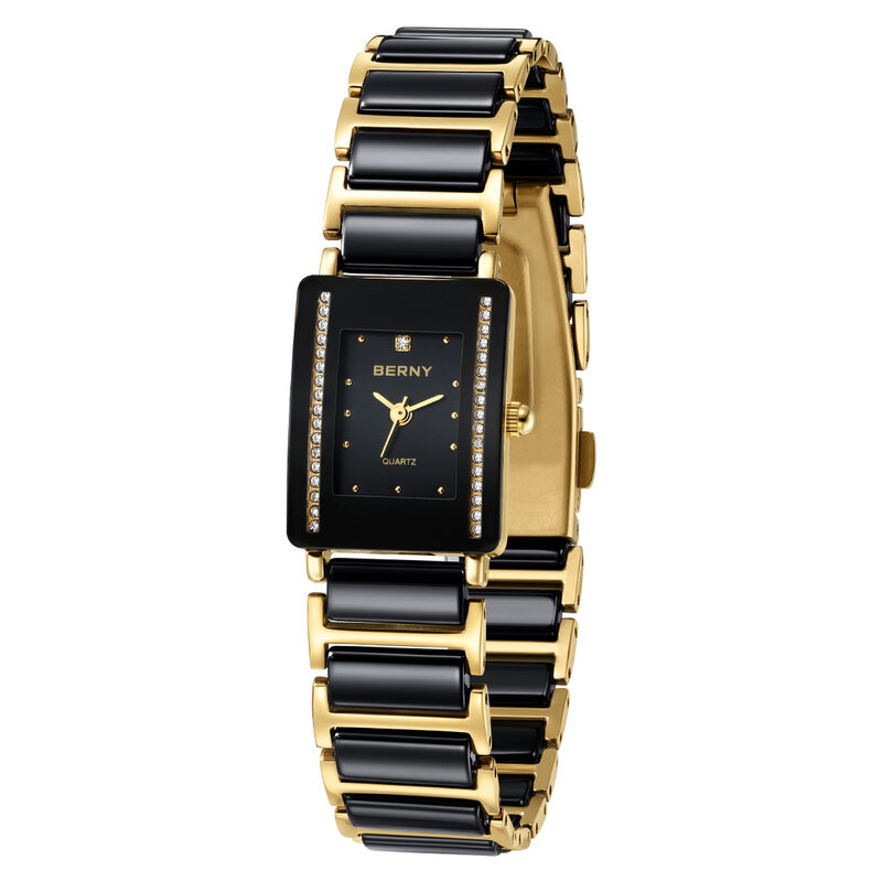 Berny นาฬิกาควอตซ์เซรามิกสำหรับผู้หญิงนาฬิกาสี่เหลี่ยมผืนผ้าแฟชั่นผู้ชาย/ผู้หญิงกำไลนาฬิกาข้อมือหรูหรา Jam Tangan pasangan เพชรประดับทอง