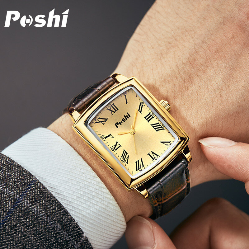 POSHI-Relógio de pulso amante com pulseira de couro, ponteiro romano, relógios originais, moda de luxo, presente para mulheres e homens